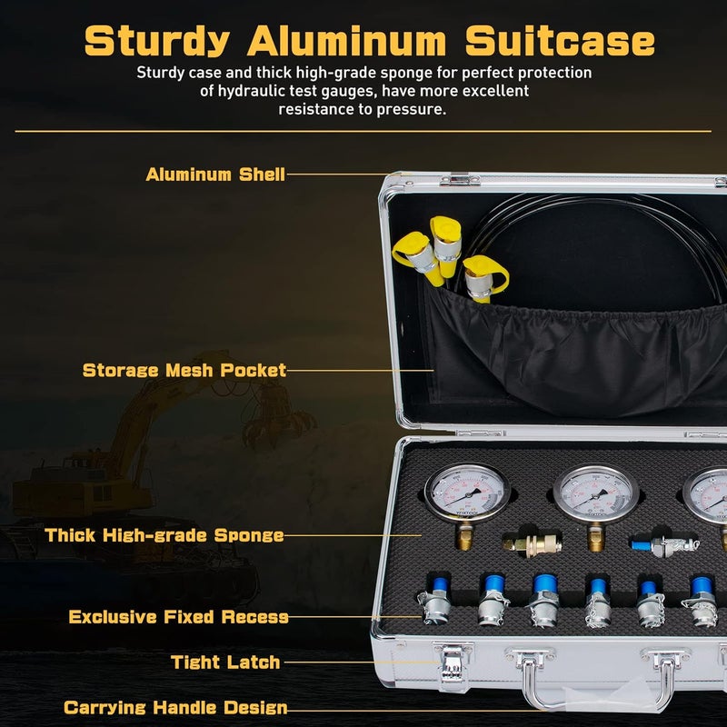 YFIXTOOL Hydraulic Pressure Test Kit for Excavator, Includes 9 Couplings, 3 Test Hoses, 3 Pressure Gauges (3500PSI/250bar, 6000PSI/400bar, 10000PSI/600bar) - Image 4